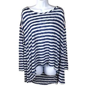 Vintage Havana Tunic Top Hi Low Stripe Long‎ Sleeve Casual Women's Shirt Navy
